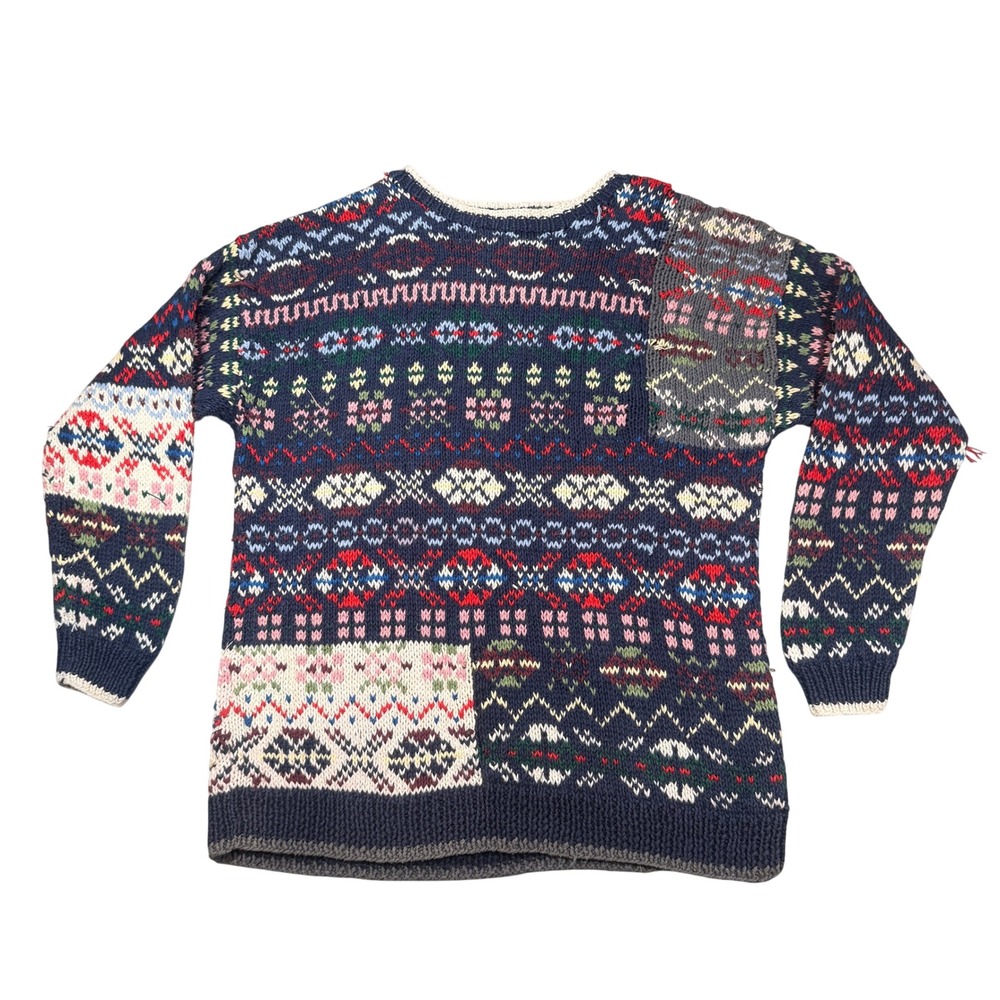 Vintage Express Fair Isle Patchwork Sweater Small Women Navy Blue Ramie Cotton